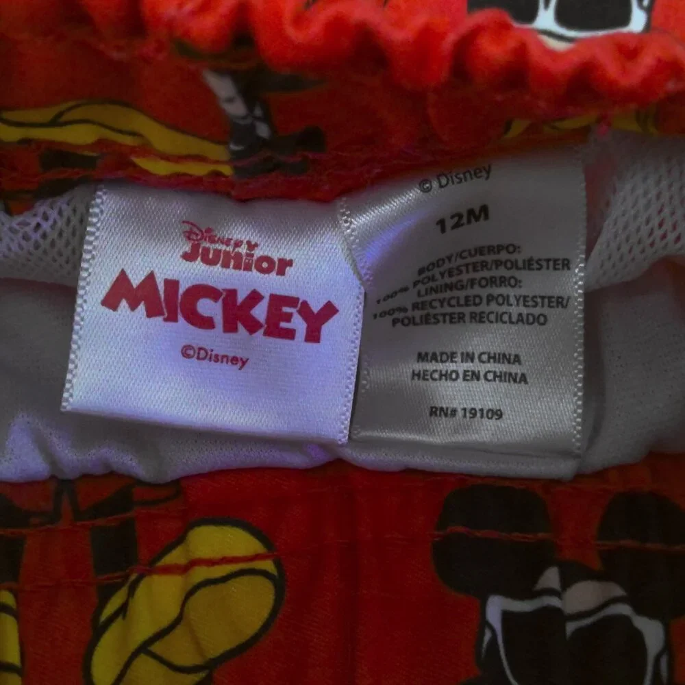 New Disney Junior Swim Trunks Shorts Mickey Mouse Red W/ Print NWOT Boys Sz 12 M